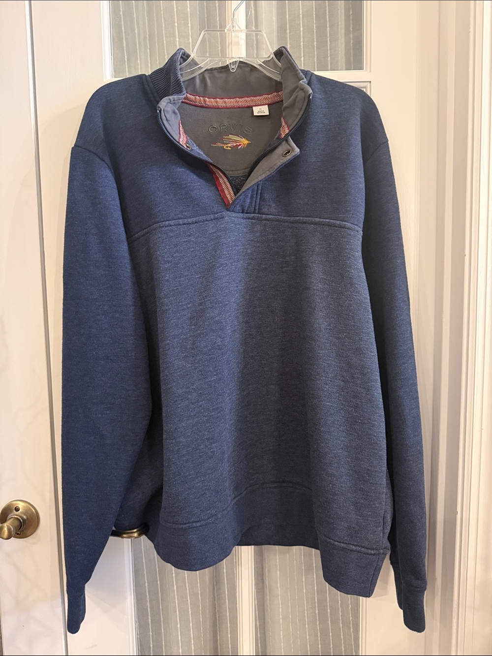 Orvis Mens XL Fleece Quarter Zip Sweatshirt Pullover Blue Fly Fishing Lure Knit